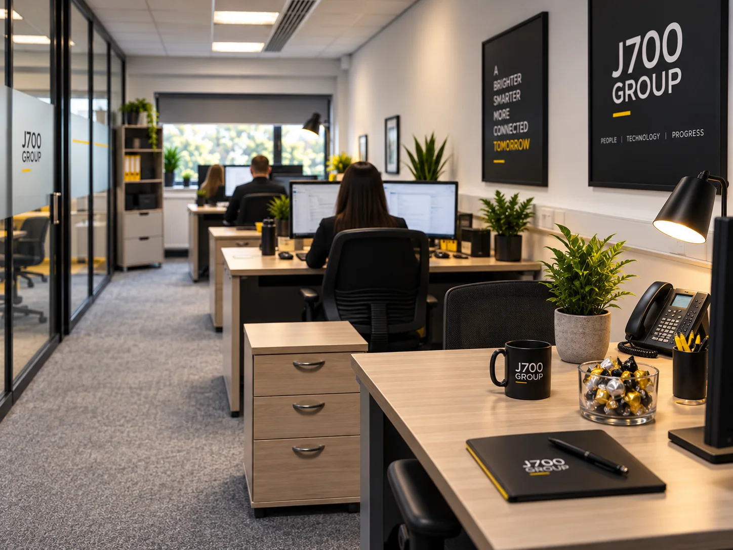 Branded J700 Group office workspace with desks and computer screens